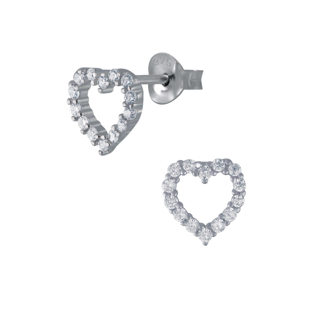 Sterling Silver 925 CZ Open Heart Stud Earrings